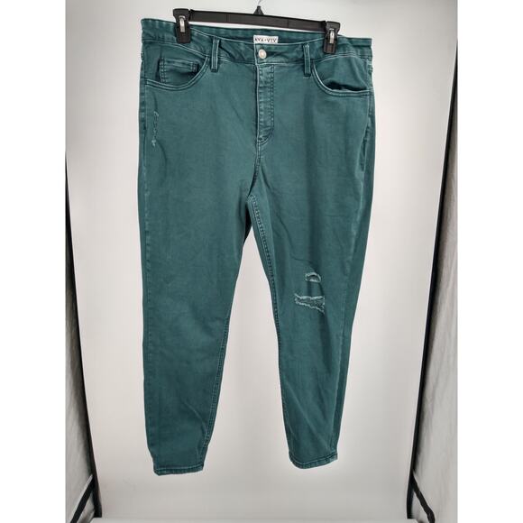 Ava & Viv Jeans Plus 20W Distressed High Rise Stretch Denim Skinny Teal Green - Picture 3 of 8